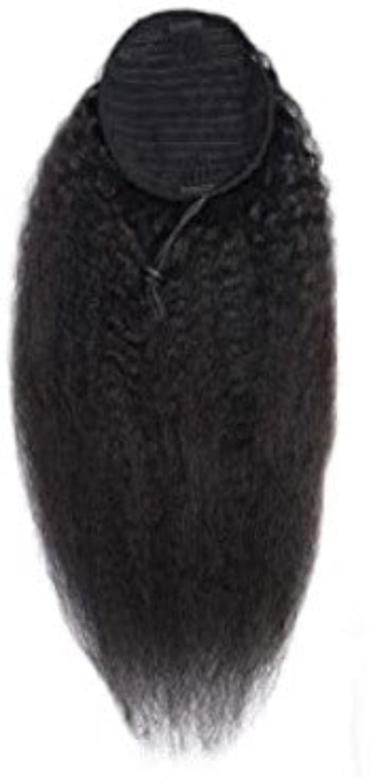 A 10 inch drawstring Afro kinky ponytail hair extension in its natural black color, displayed against a white background.