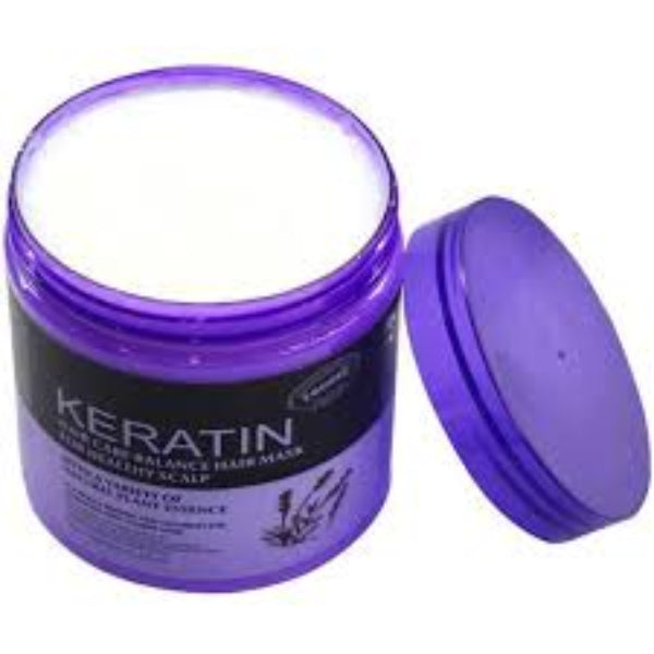 Lavender Keratin Hair Care Balance Hair Mask for healthy scalp and silky hair in a purple jar.