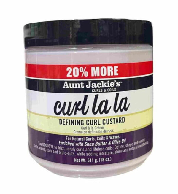 Aunt Jackie’s Curl La La Defining Curl Custard jar for frizz-free, defined curls with shea butter and olive oil.