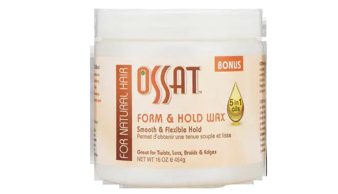 Ossat Form & Hold Wax jar for natural hair styling, providing smooth, flexible hold without flaking.