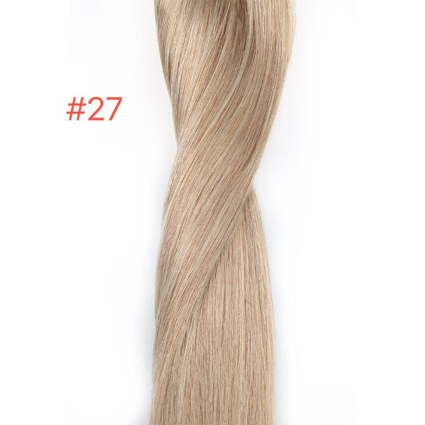 20" Keratin Weft Flat Tip Hair Extension in shade #27, made from 100% human hair for a natural look and custom fit.