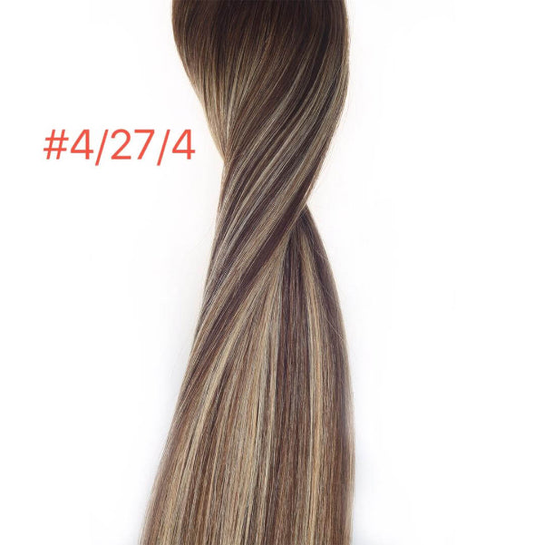 20" keratin weft flat tip hair extension in color #4/27/4, showcasing a blended texture and natural appearance.