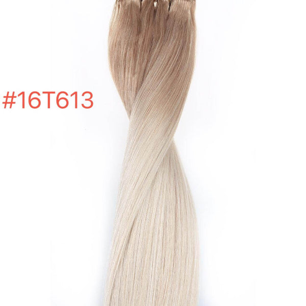 20" keratin weft flat tip hair extension in color #16T613, featuring 100% human hair for a seamless blend.