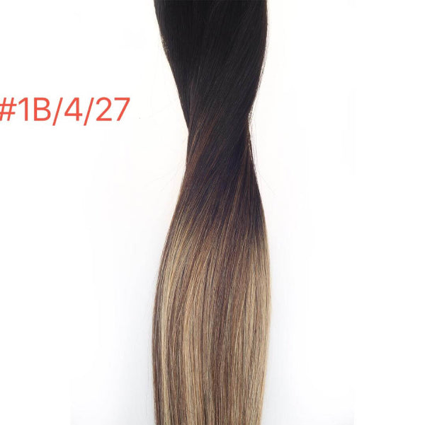 20" keratin weft flat tip hair extension in shade #1B/4/27, showcasing a seamless blend of rich colors and luxurious texture.