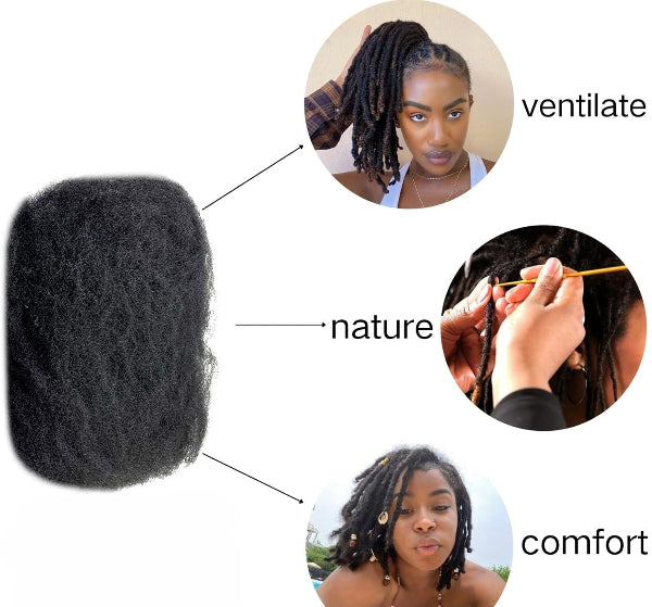 Black synthetic hair extension with a woman styling it, labeled 'ventilate', 'nature', and 'comfort'.