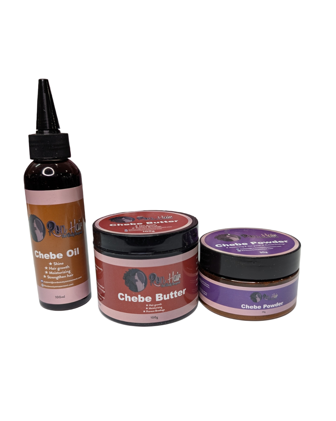 Three cosmetic products (oil, butter, powder) on a white surface with hair extensions in the background.