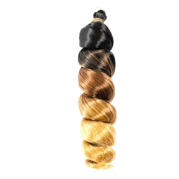 Three hair extensions in black, brown, and blonde on a white background