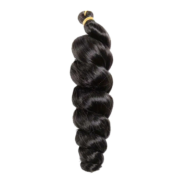 Bundled black hair extensions on a white background