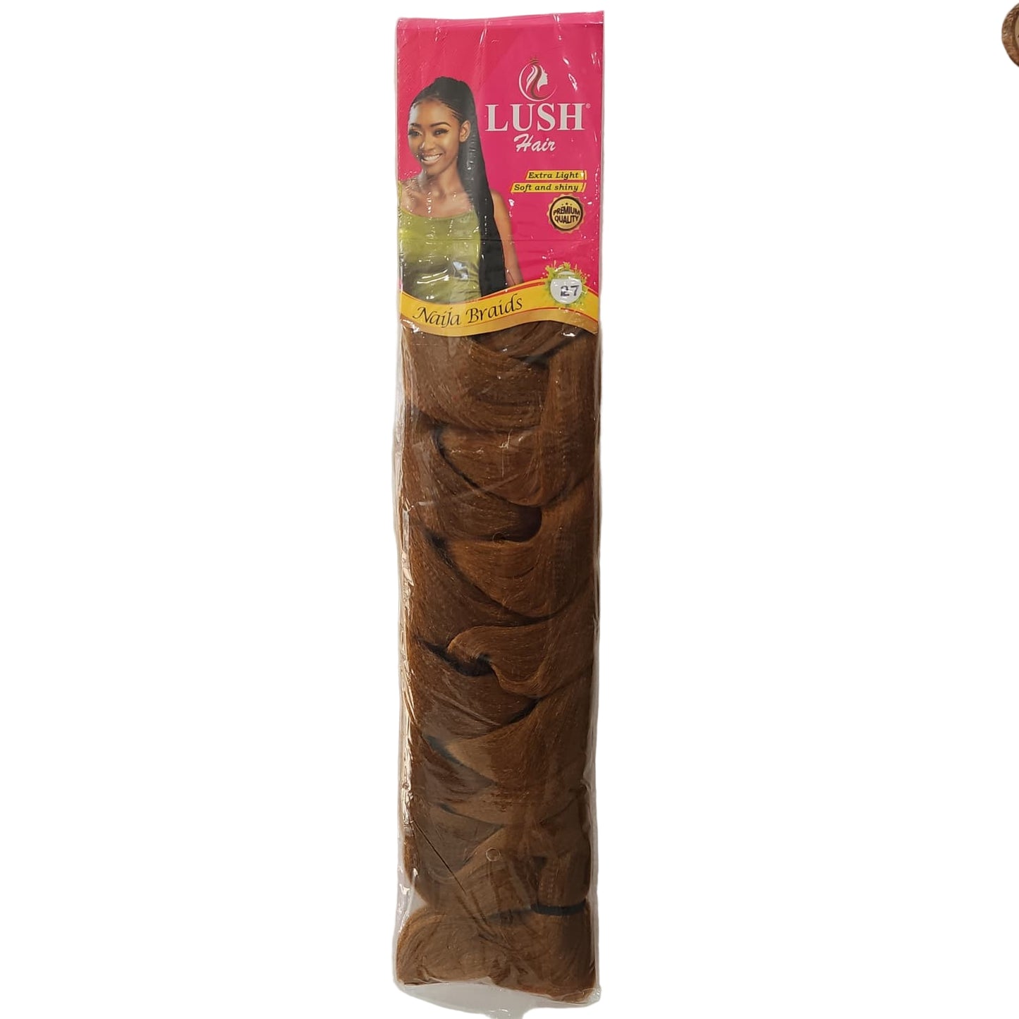 Packaged hair extensions with Lush Hair branding on a white background