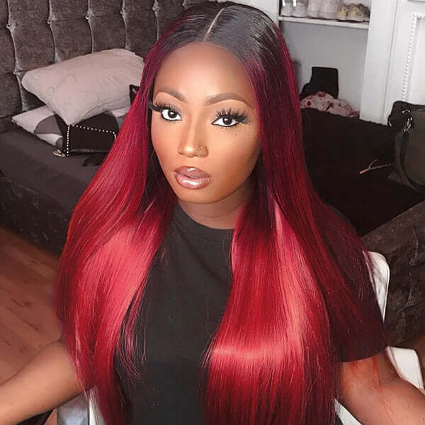 1B/99J Straight 5x5 Lace Closure Wig – Glueless, Ombre Burgundy Human Hair