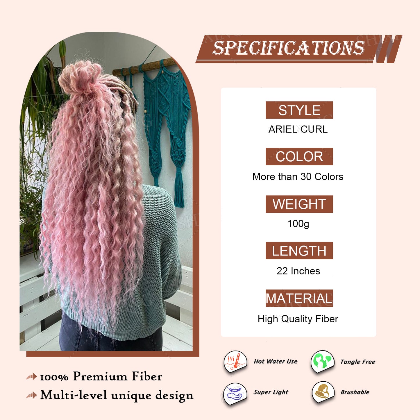 Pink hair extensions with specifications on a light pink background