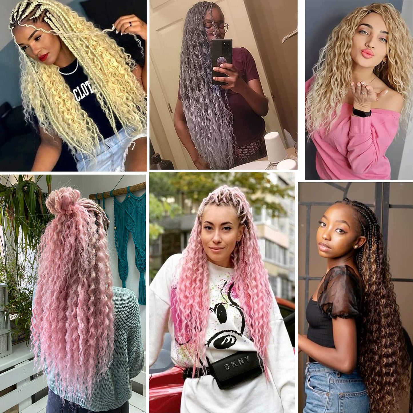 Collage of women with styled hair in various colors and textures.