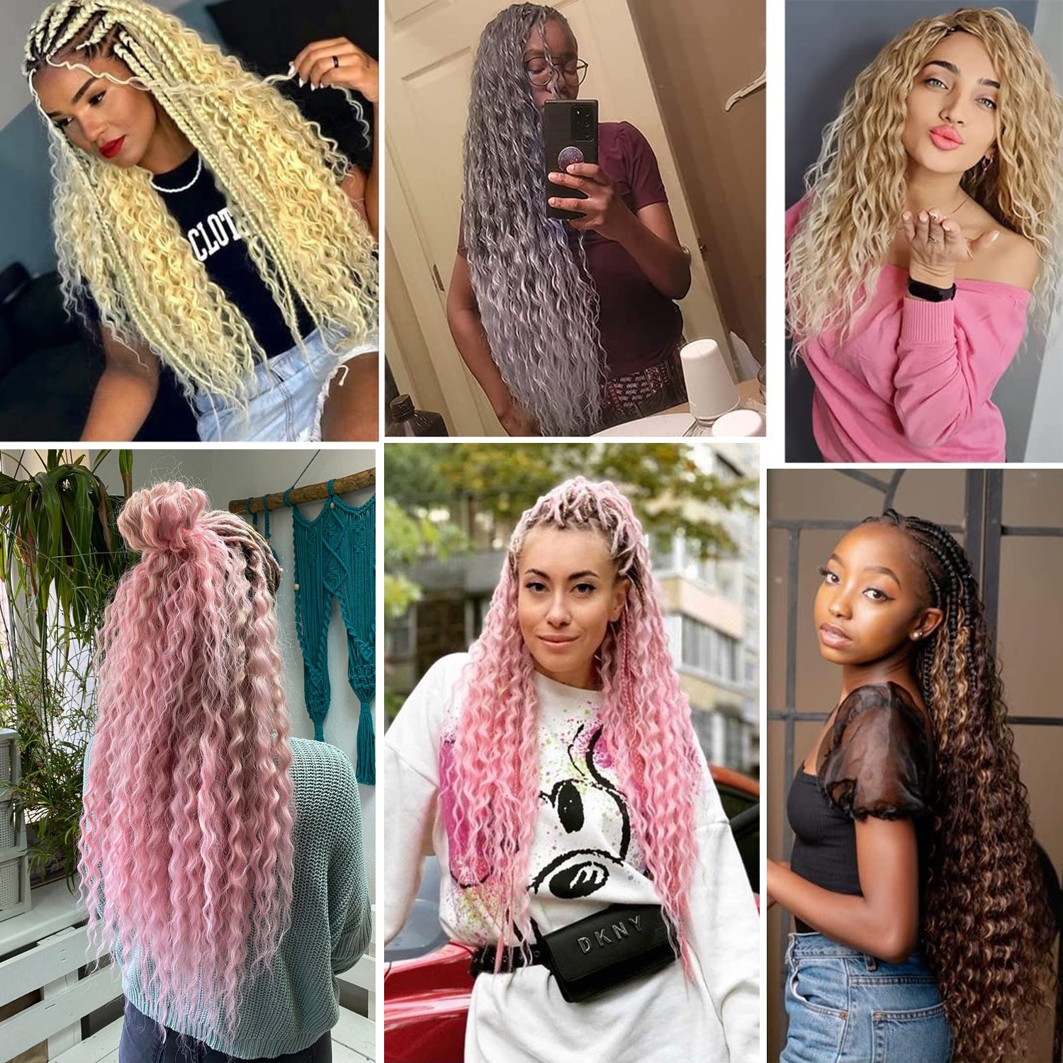 Collage of women with styled hair in various colors and textures.