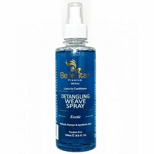 BelleStar Hair Weave Spray 260ml, exotic leave-in conditioner for weaves, wigs, and natural hair with organic cotton.