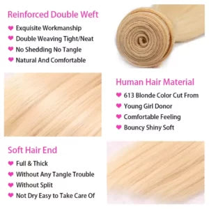 613 Blonde Straight Human Hair Bundles – 100% Virgin Hair, Soft &amp; Dye-Ready