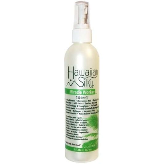 Hawaiian Silky 14-in-1 Miracle Worker spray, 8 fl oz, hydrates and detangles all hair types, enriched with organic cotton.
