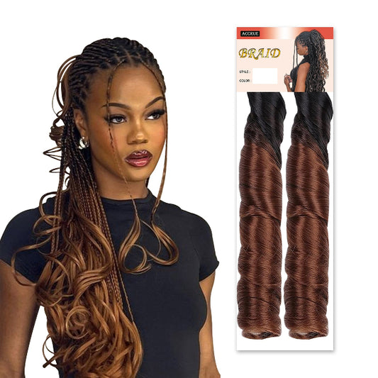 Woman with styled hair and hair extensions packaging on a white background