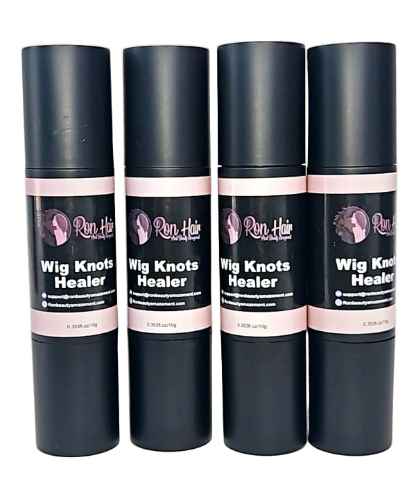 Four bottles of Wig Knots Healer with a precision brush, designed to cover knots on lace wigs, displayed against a white background.