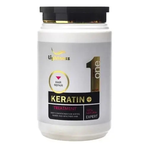 Lightness Keratin Care 100% HAIR REPAIR treatment jar for damaged hair, featuring organic cotton and custom fit for soft, healthy strands.