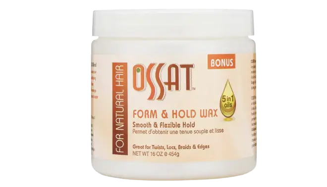 Ossat Form & Hold Wax jar for natural hair styling, providing smooth, flexible hold without flaking.