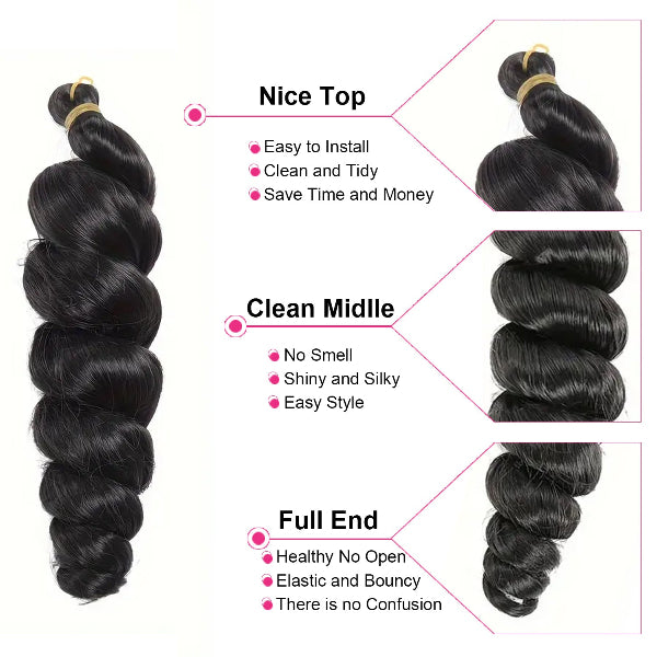 Hair extensions with labeled features on a white background