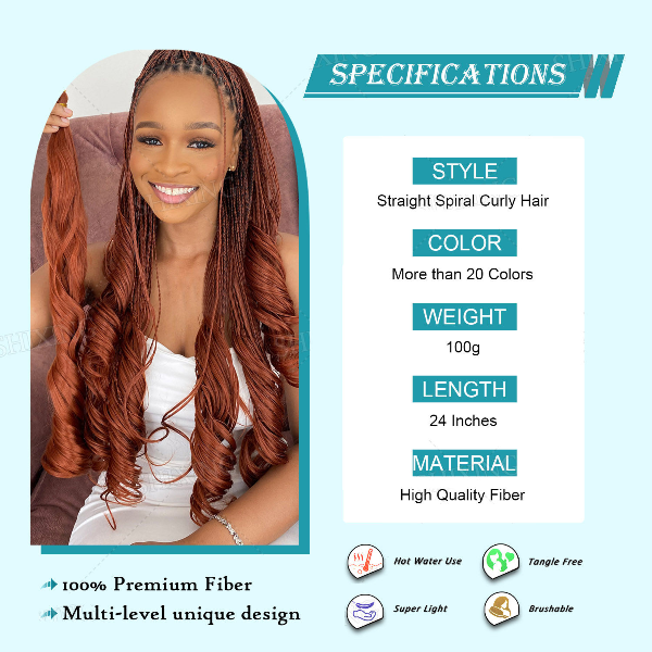 Woman with styled hair and product specifications on a light blue background