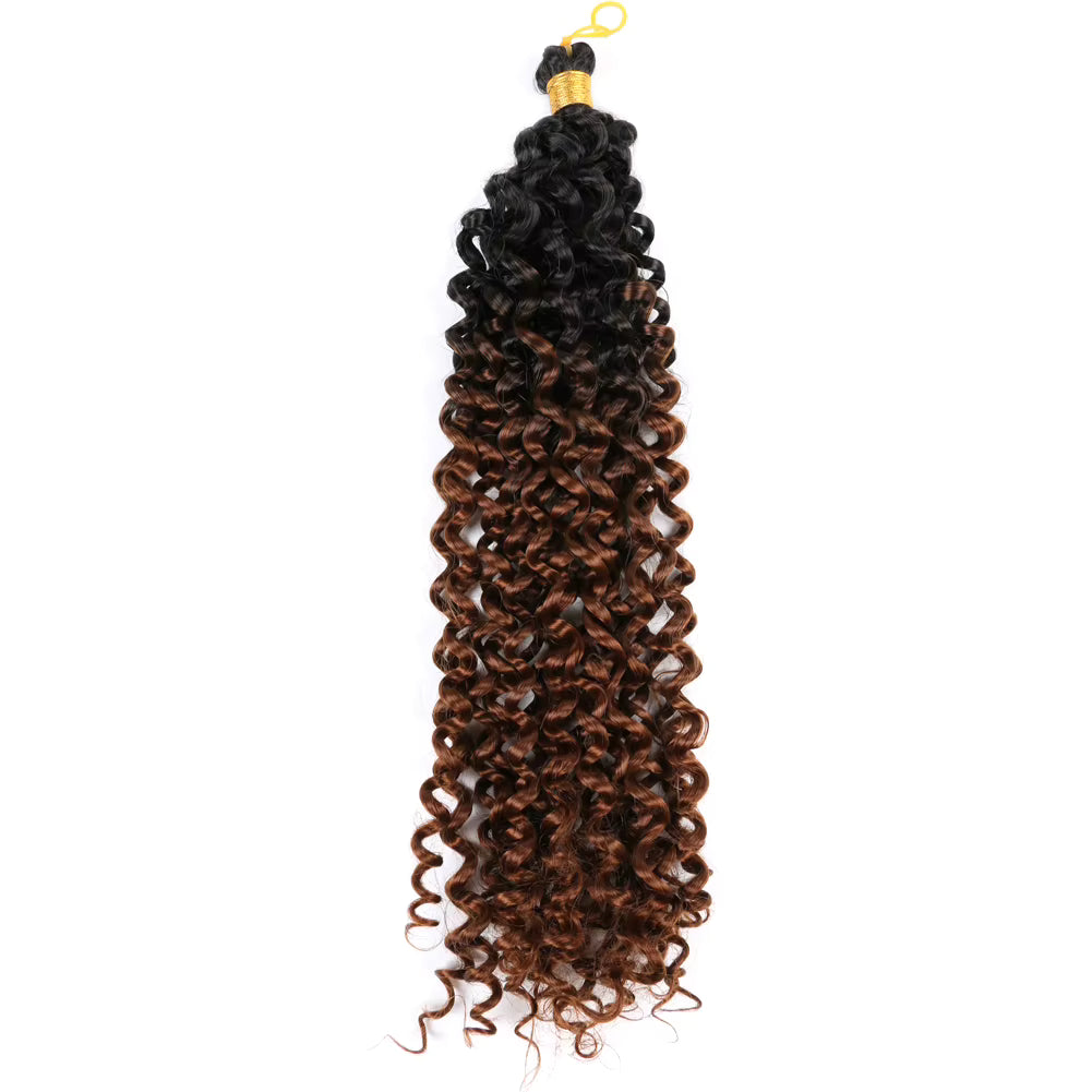 Section of curly hair extensions with a gradient from black to brown on a white background.
