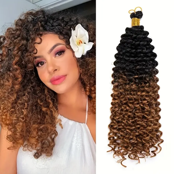 Woman with styled hair and a close-up of ombre hair extensions.