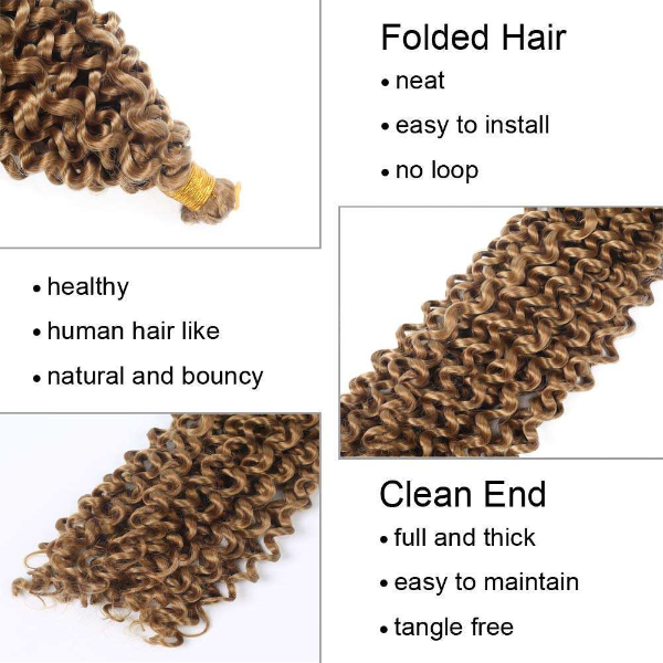 Text and images of curly hair extensions with features listed.