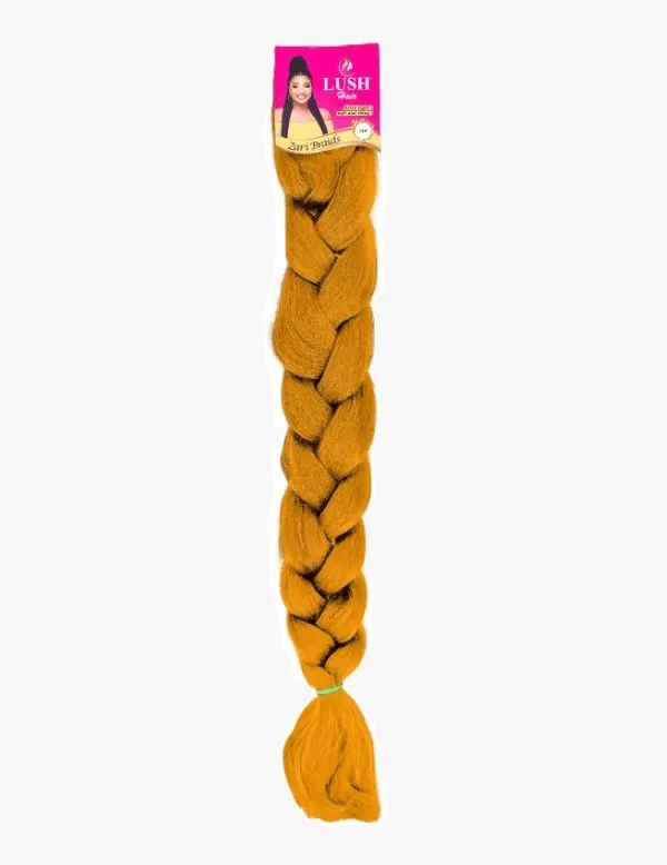 Zari Braid in vibrant yellow, showcasing lightweight and lustrous synthetic material for beautiful braiding styles.
