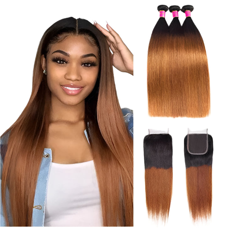 1B/30 Ombre Straight Bundles – 100% Human Hair | Natural Black to Auburn Brown