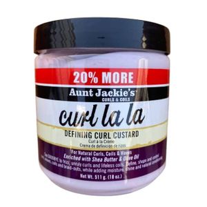 Aunt Jackie's Curl La La Defining Curl Custard jar for defined curls, enriched with shea butter for frizz control.