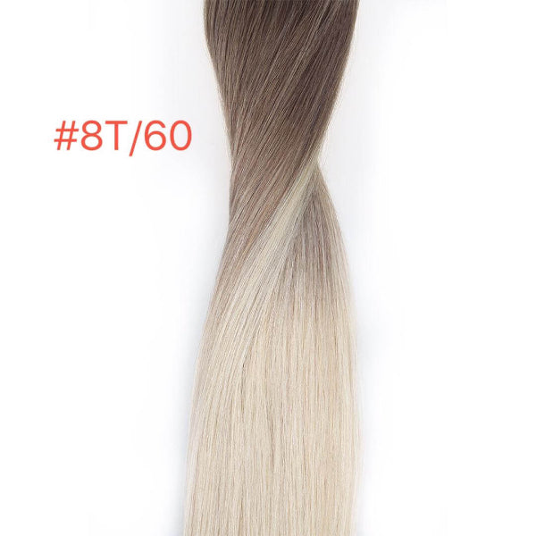 #8T/60 blend of light brown and platinum blonde keratin weft hair extension – 20" length, 100% human hair.