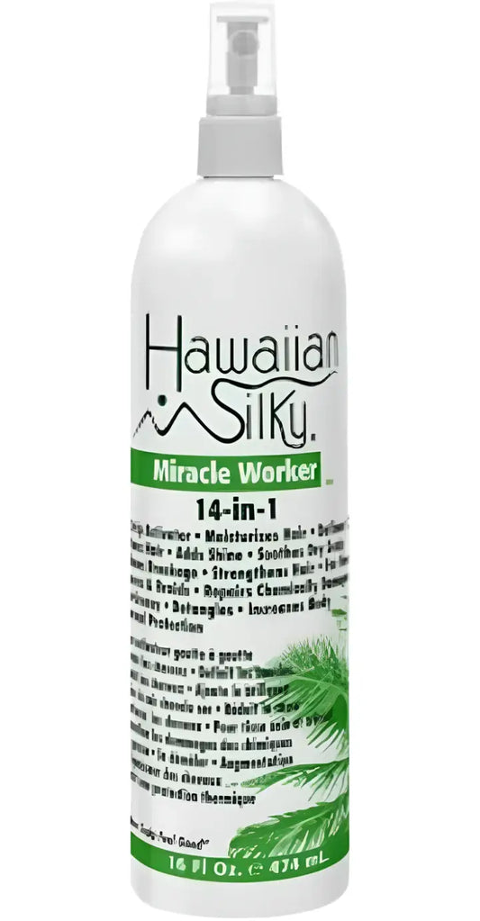 Hawaiian Silky 14-in-1 Miracle Worker Conditioner spray bottle for textured hair, provides hydration, detangling, and strengthening benefits.