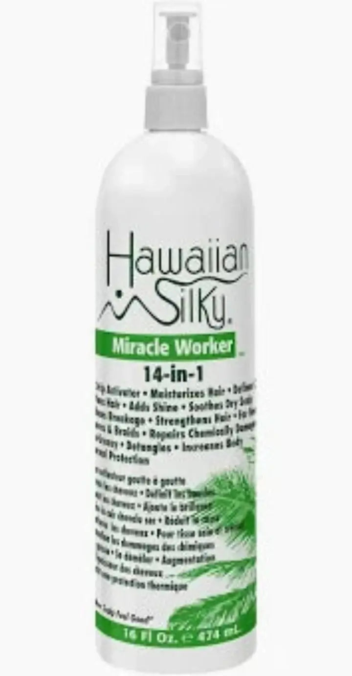Hawaiian Silky 14-in-1 Miracle Worker Conditioner in a spray bottle, ideal for hydrating, detangling, and strengthening textured hair.