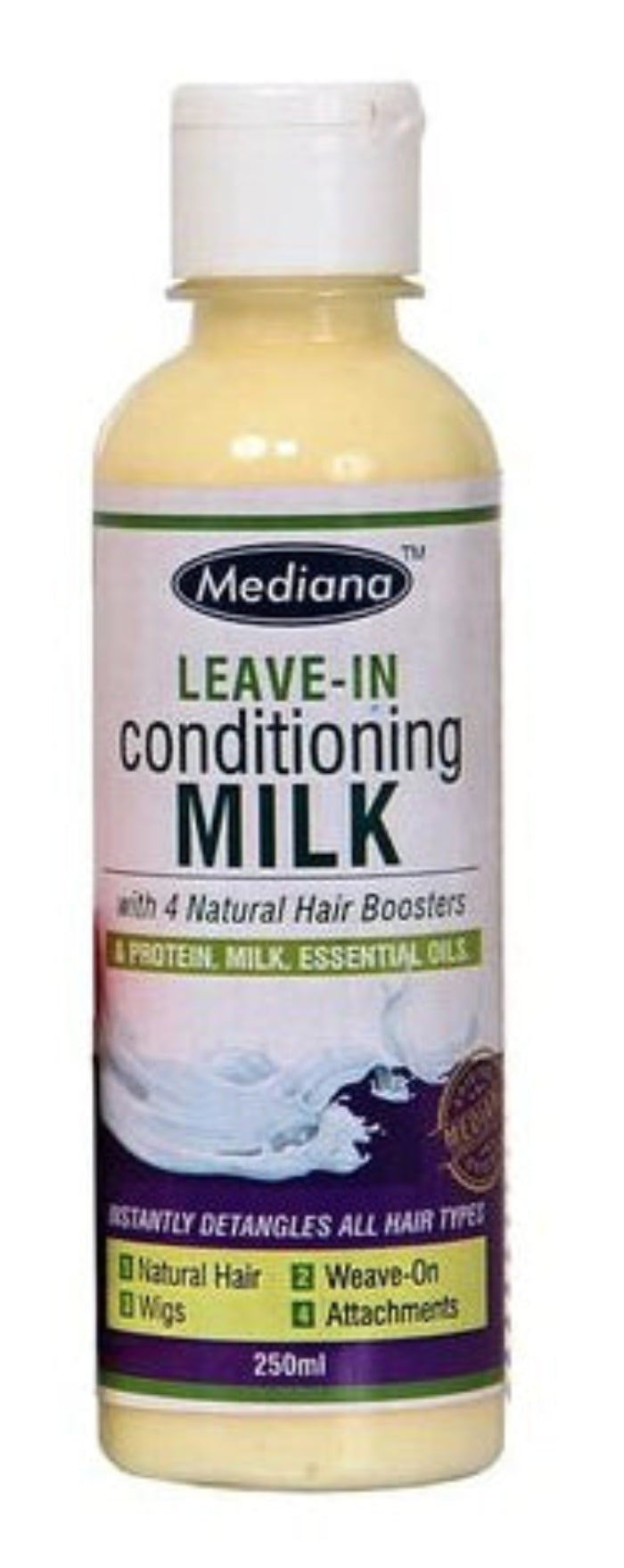 Mediana Leave-In Conditioner Milk bottle, enriched with 4 natural hair boosters for hydration and softness.