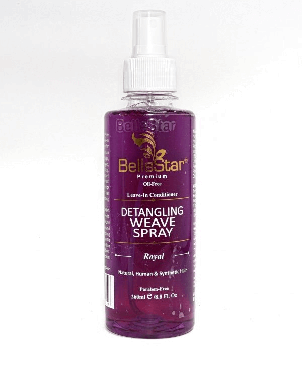 BelleStar Royal Leave-In Conditioner Detangling Spray 260ml for natural, human, and synthetic hair, enriched with Vitamin E.