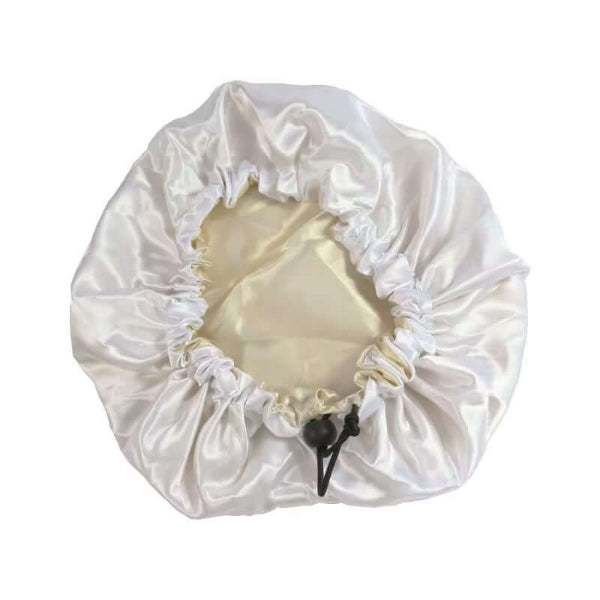 White satin bonnet on a white background